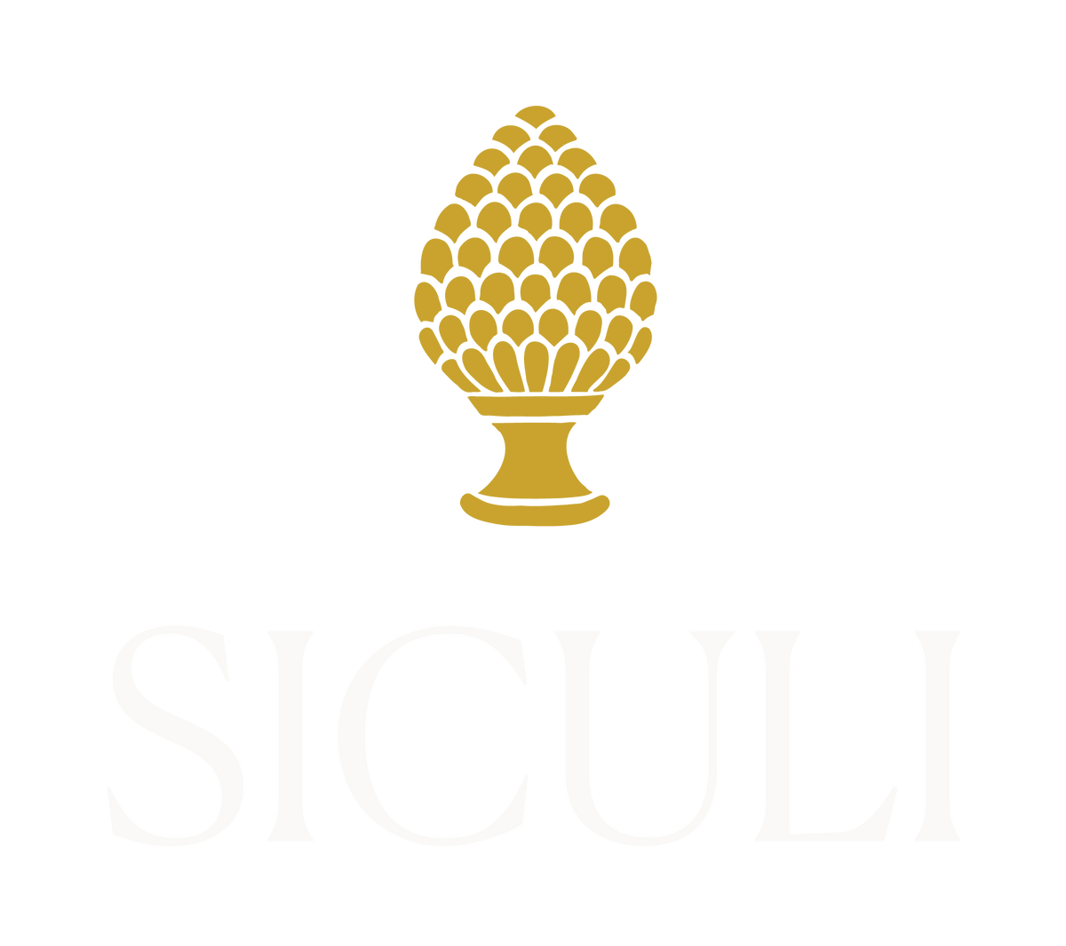 A gold emblem of a pine cone made of clustered teardrop shapes on a pedestal, above the word 'SICULI' in large pale gray letters on a white background.