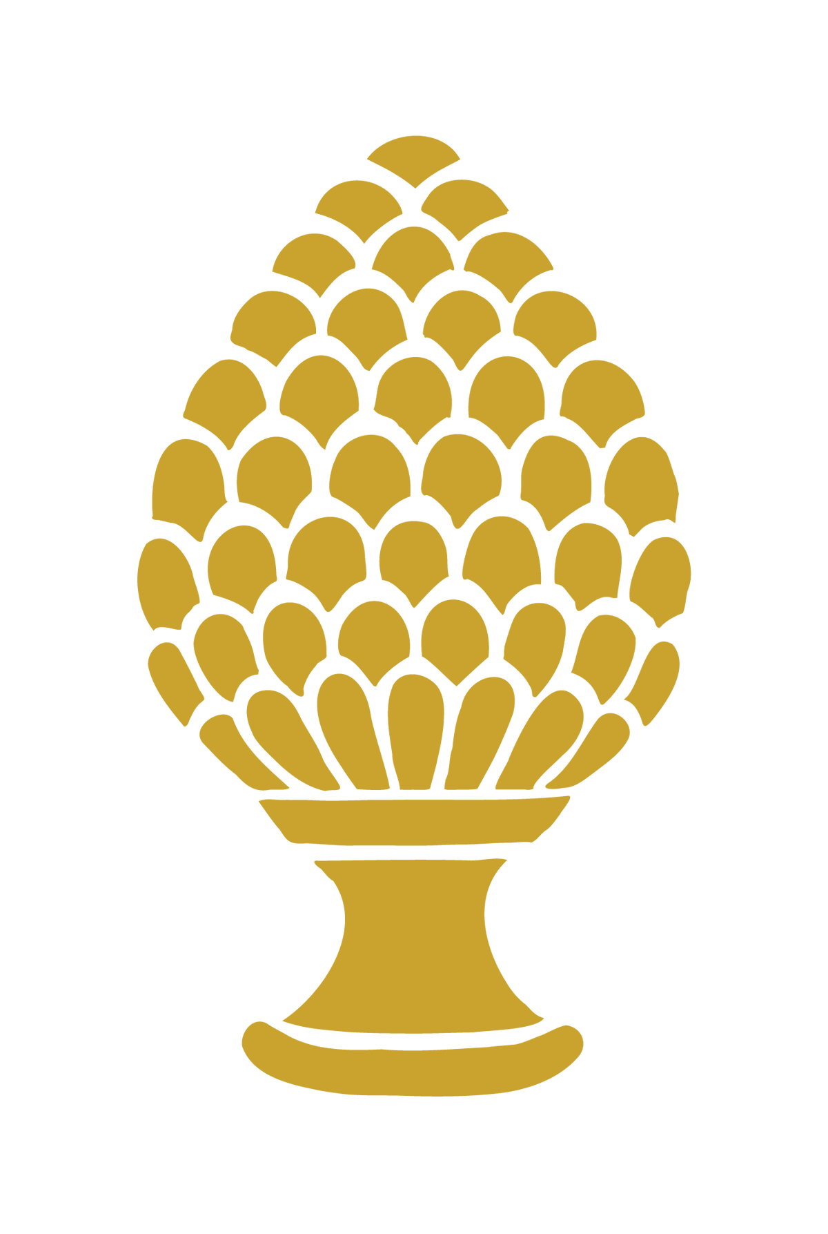 A gold-colored pigna decorative object with a scalloped, scale-like textured top and a flared pedestal base, shown on a plain white background.